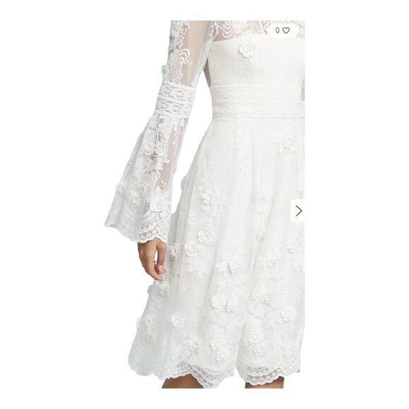 MONIQUE L HUILLIER White Lace Bell-Sleeve Tiered Bridal Party Dress 4P‎ NWT $500 - Picture 2 of 16